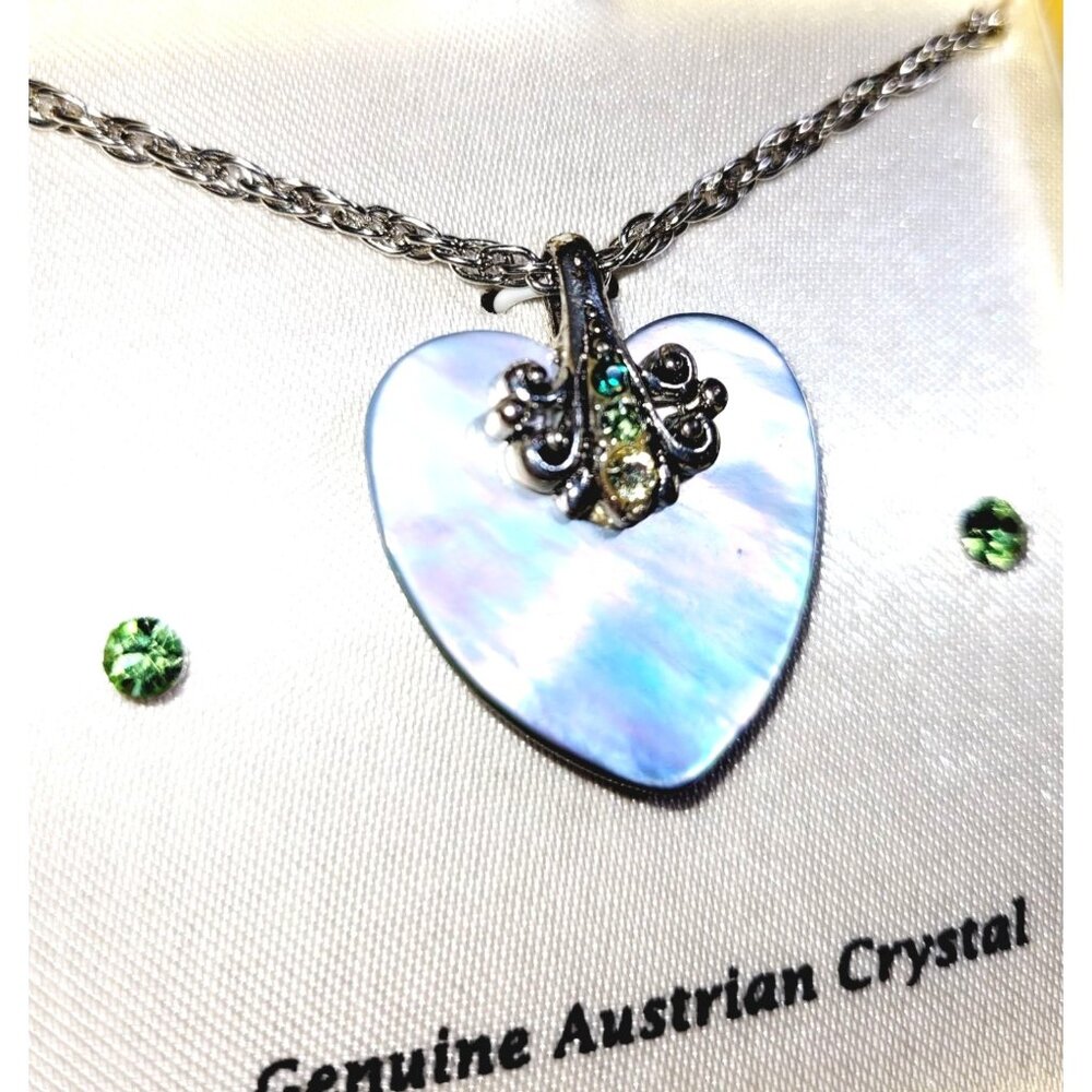 Vtg. Mother of Pearl Heart with Genuine Austrian Crystals and Crystal Earrings